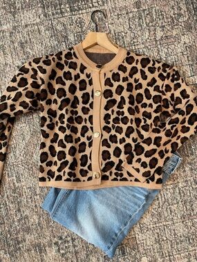 Leopard Print Button Front Cardigan Small Tan Black Knit Sweater